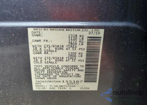 2019 Nissan Murano S z USA, uszkodzony, nr VIN 5N1AZ2MJ5KN155167